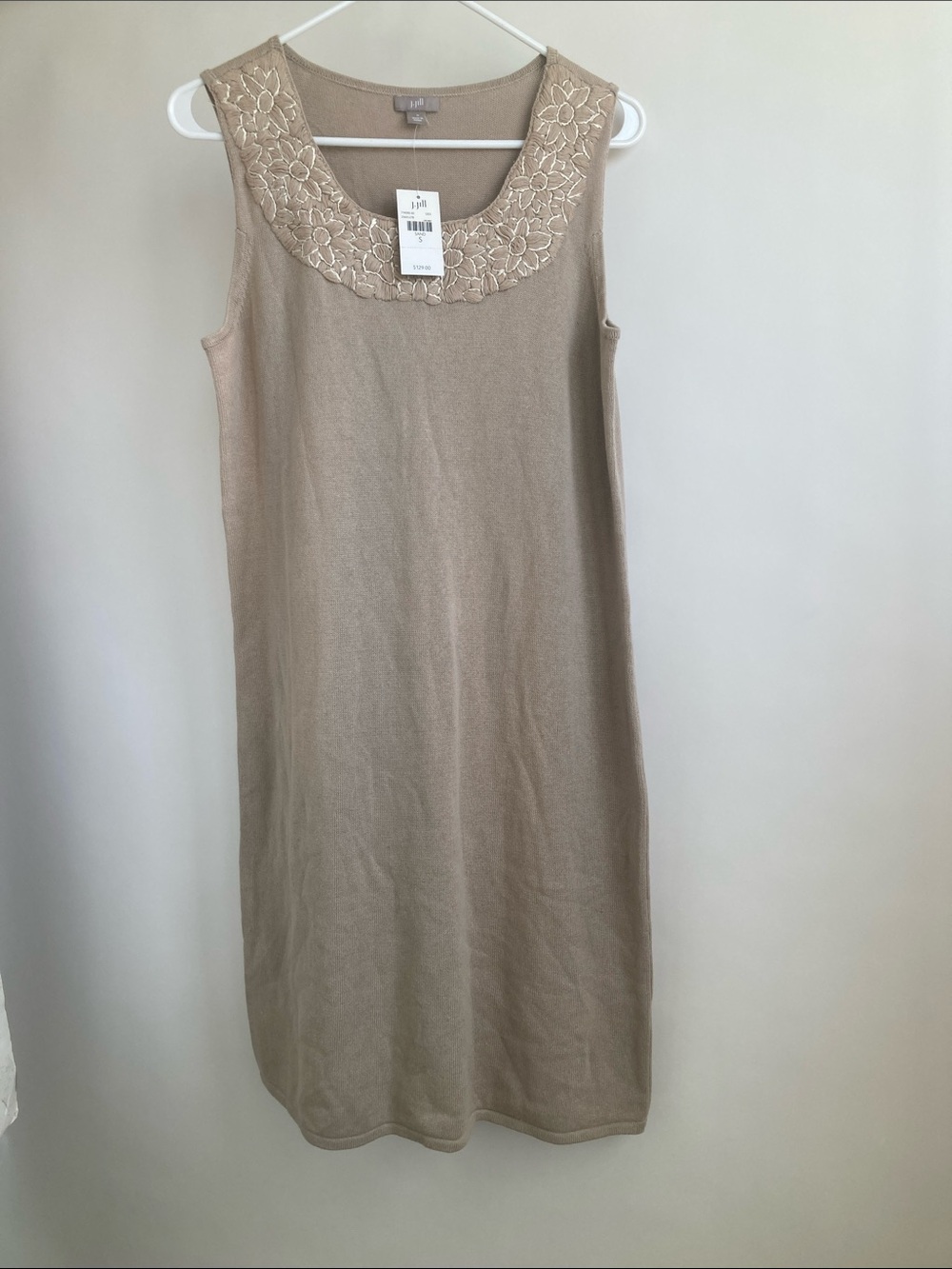 J. Jill Sleeveless Knee Length Dress in Sand Beige with Embroidered Yoke